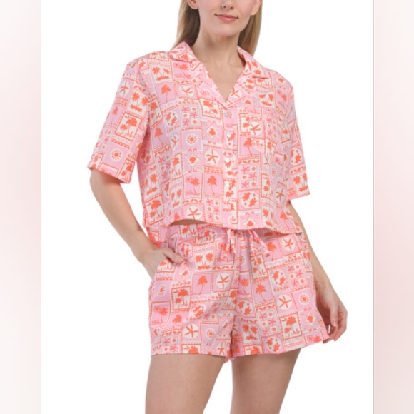 NWT•Sigrid Olsen Sleepwear•2pc Tropical Notch Collar Top & Shorts w/ poc… - Picture 2 of 11